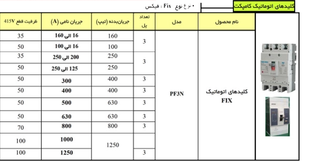 جدول کلید اتوماتیک فیکس 800 آمپر پارس فانال